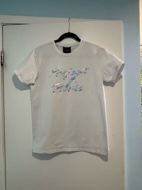 Premium White Graphic Tee with Iridescent Script